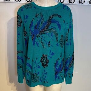 Vintage Vibrant Teal Sweater with Blue and Black Design